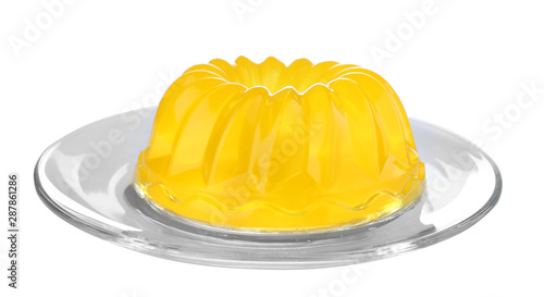 Delicious fresh yellow jelly on white background