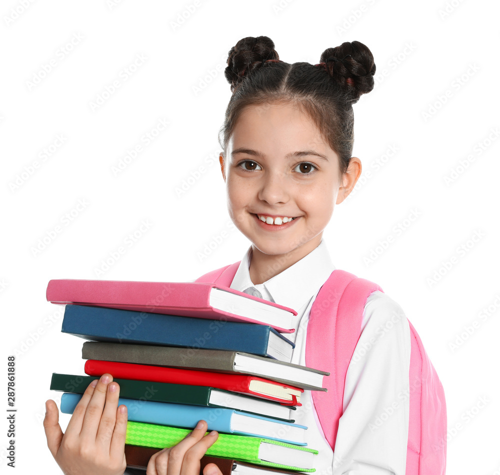 Happy girl in school uniform with stack of books on white background Happy girl in school uniform with stack of books on white background