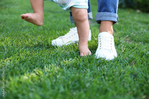 Cute little baby learning to walk with his nanny on green grass outdoors, closeup