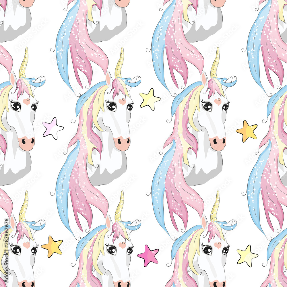 Fototapeta premium pattern with cute unicorns, clouds,rainbow and stars. Magic background with little unicorns.