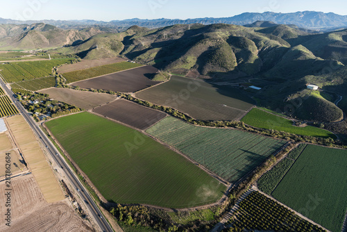 Aerial view of Santa Rosa Valley farm fields and citrus groves in scenic Ventura County, California.  photo