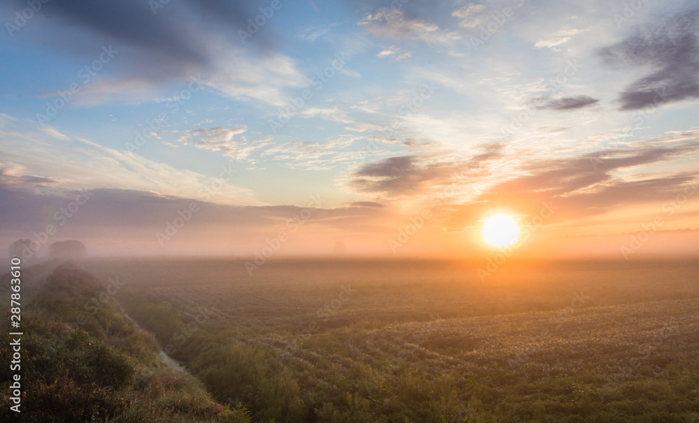 Sunrise illuminated by fog creates a soft and beautiful atmosphere over lush farmlands in Pine Island, NY, in late summer