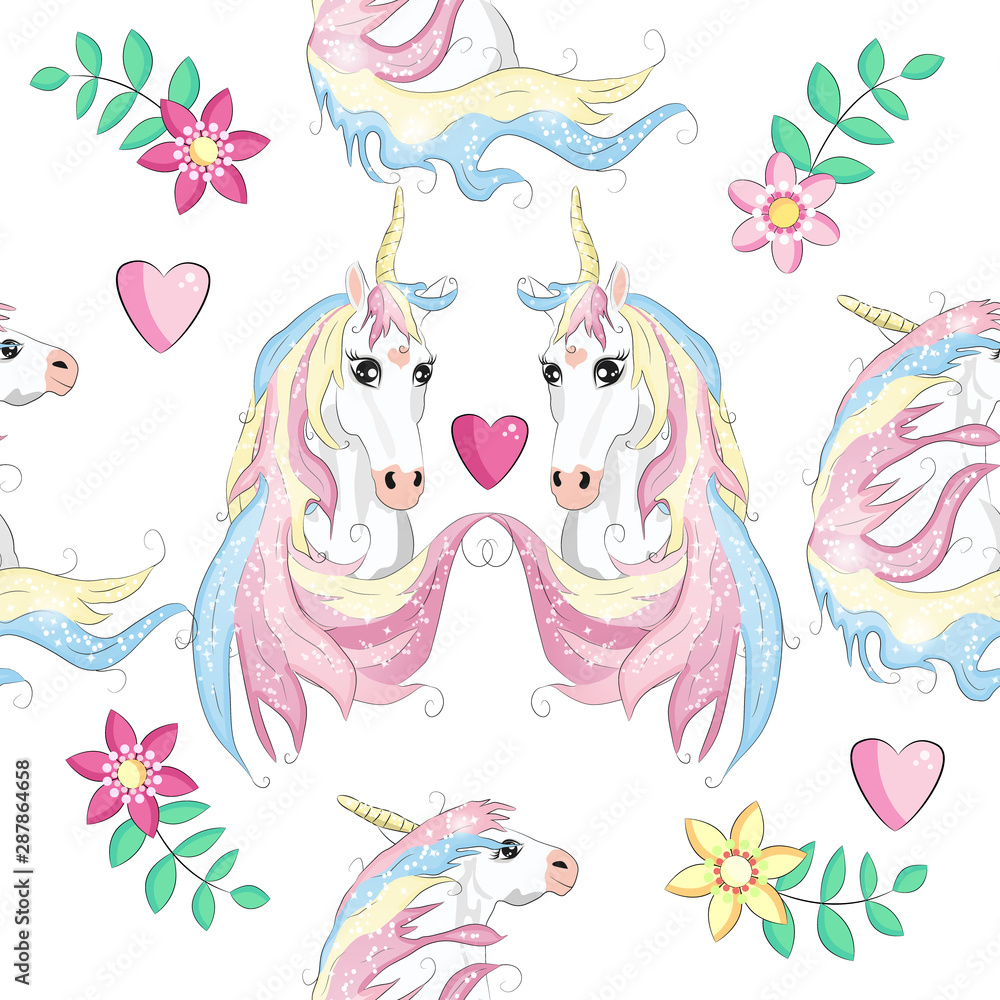 pattern with cute unicorns, clouds,rainbow and stars. Magic background with little unicorns. pattern with cute unicorns, clouds,rainbow and stars. Magic background with little unicorns.