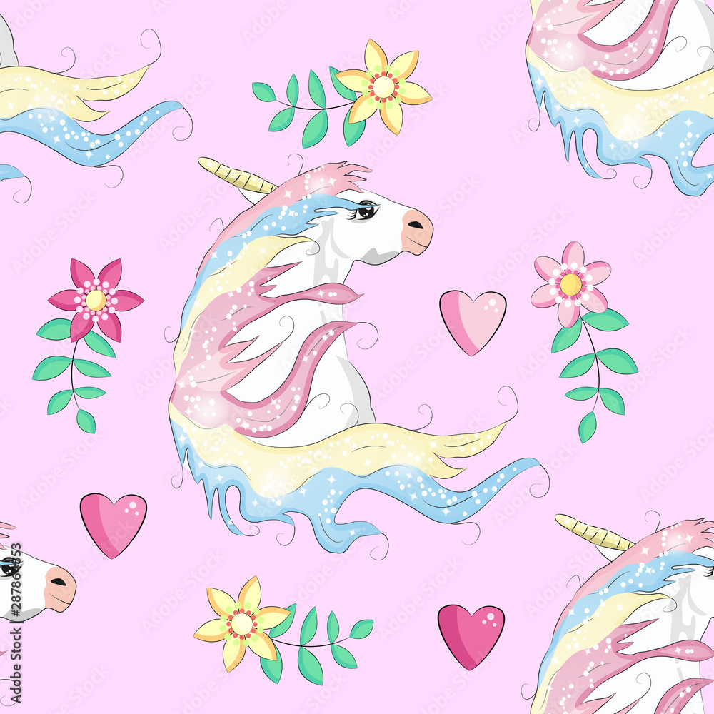 Seamless unicorn pattern with hearts and stars. Seamless unicorn pattern with hearts and stars.