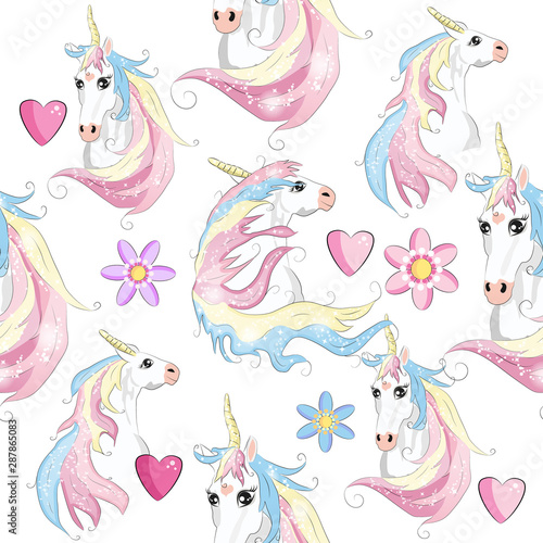 pattern with cute unicorns, clouds,rainbow and stars. Magic background with little unicorns. © MichiruKayo
