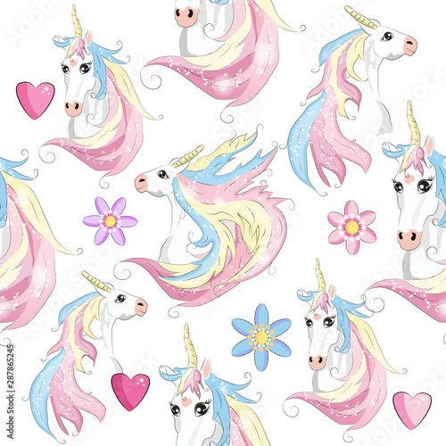 Cute seamless pattern with rainbow unicorns in the clouds