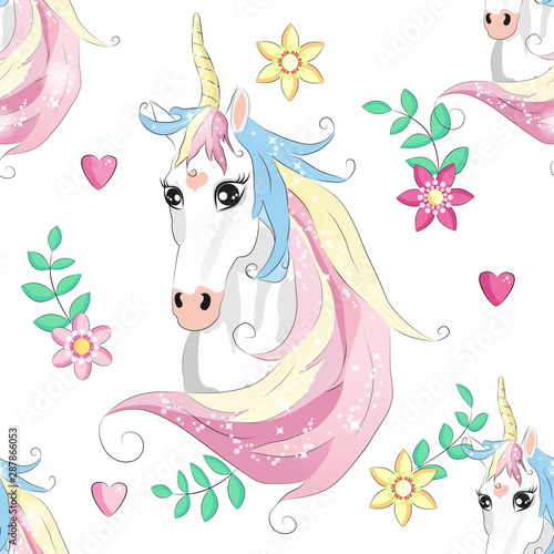 Cartoon seamless pattern. Unicorn with rainbow and clouds. For designed print.