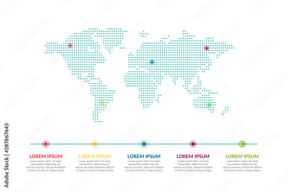 Infographic design with world map background. business infographic concept for presentations, banner, workflow layout, process diagram, flow chart and how it work