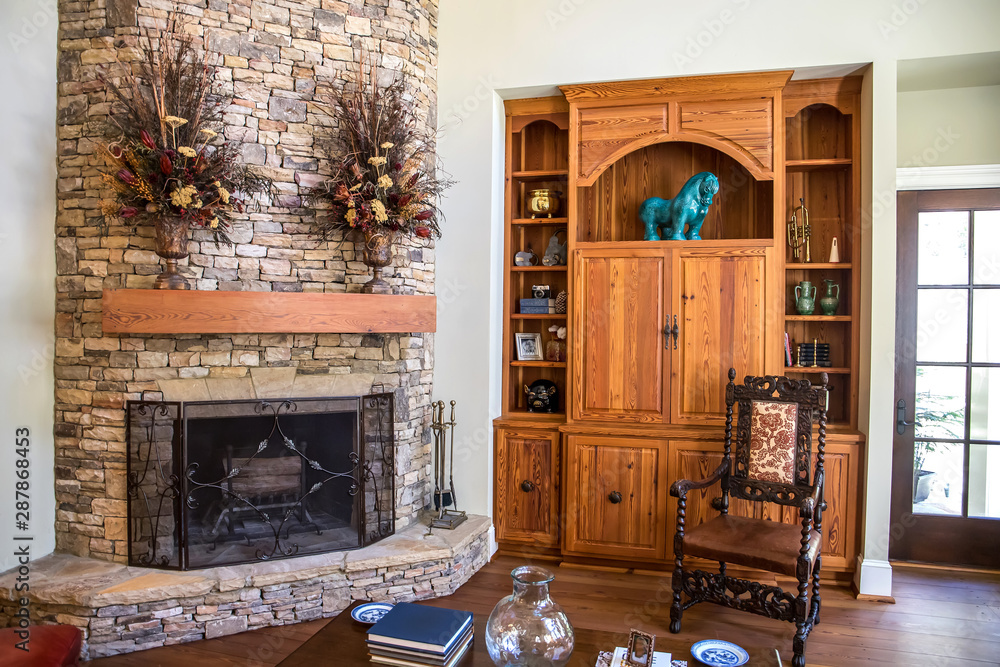 Stylish and rustic cabin lodge living room den area with pine builtin