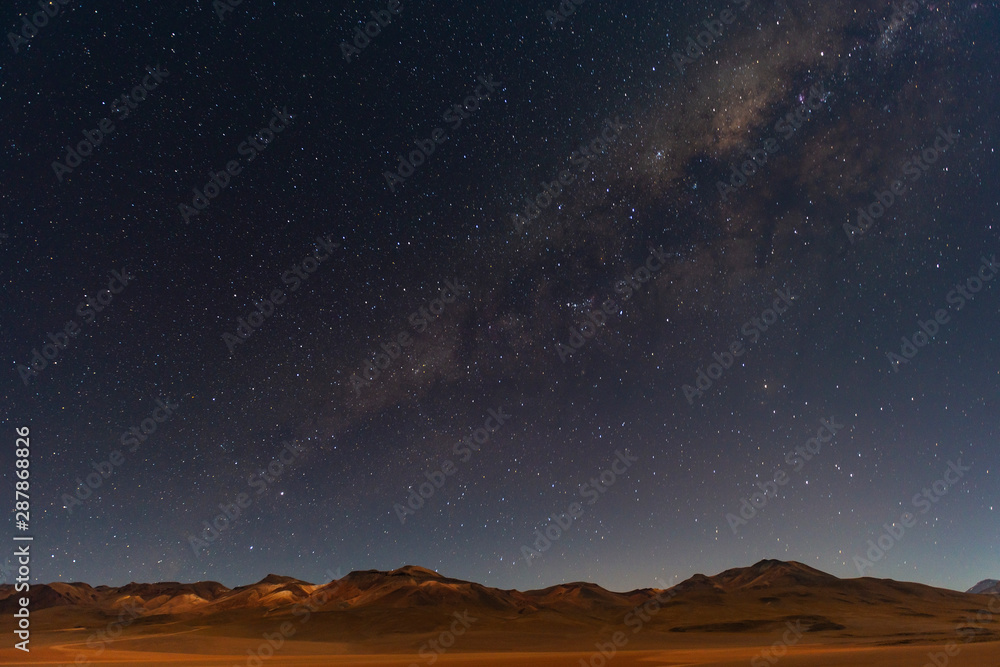The Milky Way in the Andes mountain range of the Siloli desert in Bolivia located near the Atacama desert of Chile, South America.