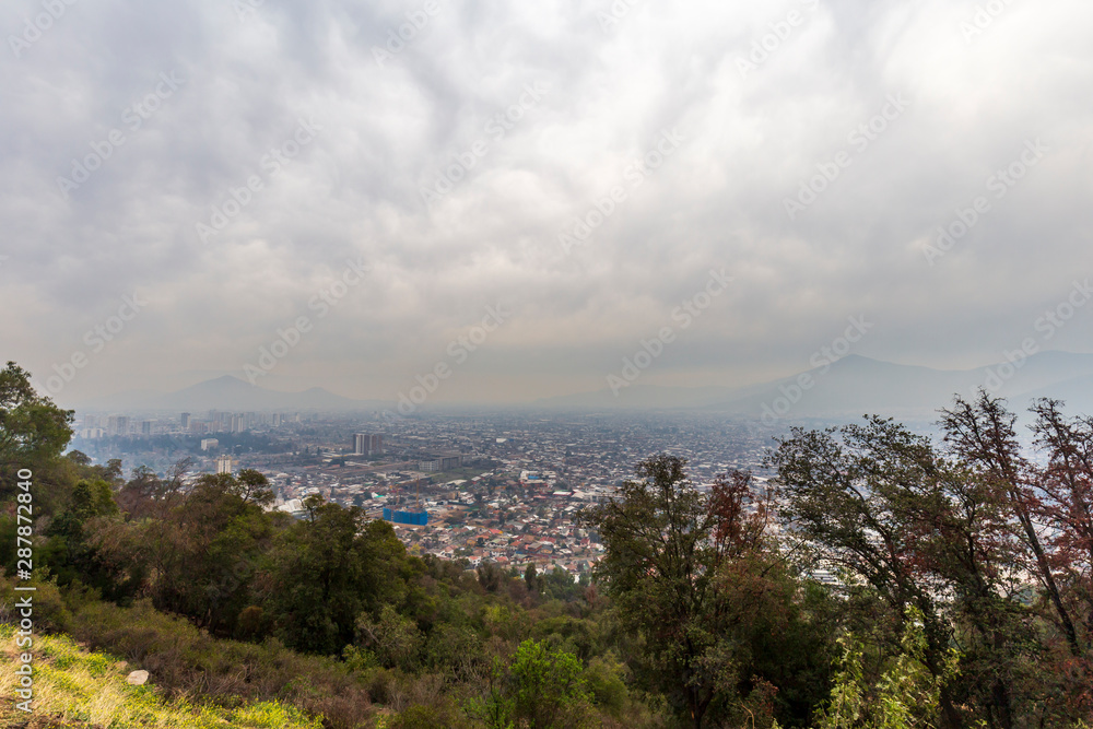 Panoramic view of Santiago's pollution from San Cristobal Hill in Chile.