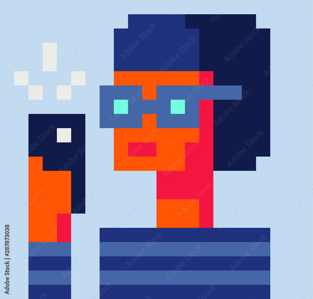 Girl in glasses with a phone, takes a selfie or speaks on the phone. Pixel art vector illustration. Design for logo, sticker and mobile app. Girl in glasses with a phone, takes a selfie or speaks on the phone. Pixel art vector illustration. Design for logo, sticker and mobile app.