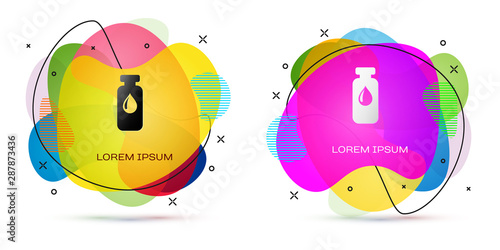Color Medical vial, ampoule, bottle icon isolated on white background. Vaccination, injection, vaccine healthcare concept. Abstract banner with liquid shapes. Vector Illustration