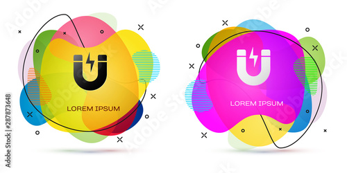Color Magnet with lightning icon isolated on white background. Horseshoe magnet, magnetism, magnetize, attraction sign. Abstract banner with liquid shapes. Vector Illustration
