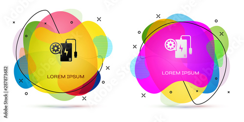 Color Power bank with charge cable and gear icon on white background. Adjusting app, service concept, setting options, maintenance, repair. Abstract banner with liquid shapes. Vector Illustration