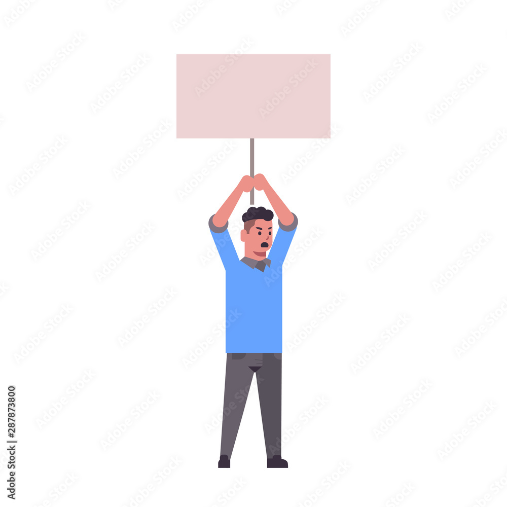 man protester holding blank placard male activist with empty sign banner protest demonstration concept flat full length man protester holding blank placard male activist with empty sign banner protest demonstration concept flat full length