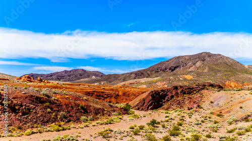 Colorful Mountains along Northshore Road SR167 in Lake Mead National Recreation Area runs through semi desert landscape between Boulder City and Overton in Nevada, USA