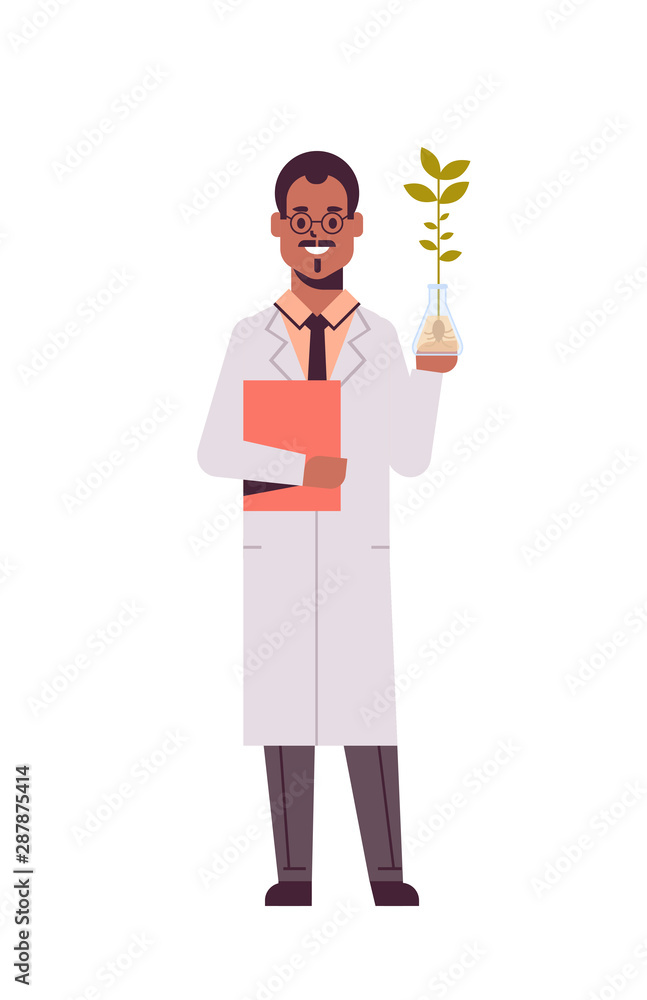 male scientist examining plant sample in test tube african american man with clipboard in uniform making experiment in genetic lab research science chemical concept vertical full length flat
