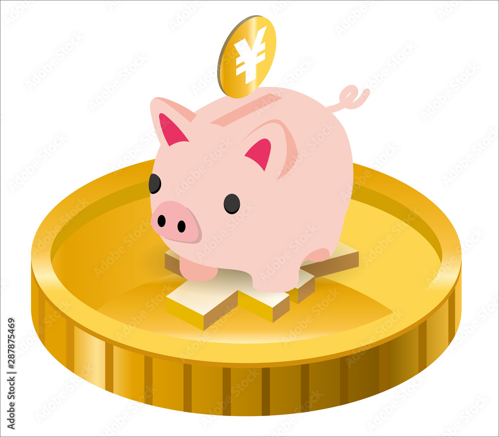 豚の貯金箱と日本円のゴールドのコインのイラスト 金融 外貨預金 為替取引のイメージのイラスト Gold Coin And Piggy Bank Stock Vector Adobe Stock
