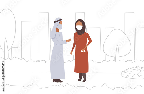 arab couple wearing face mask plant pipe dirty waste toxic air pollution industry smog polluted environment concept arabic man woman walking outdoor cityscape background full length horizontal