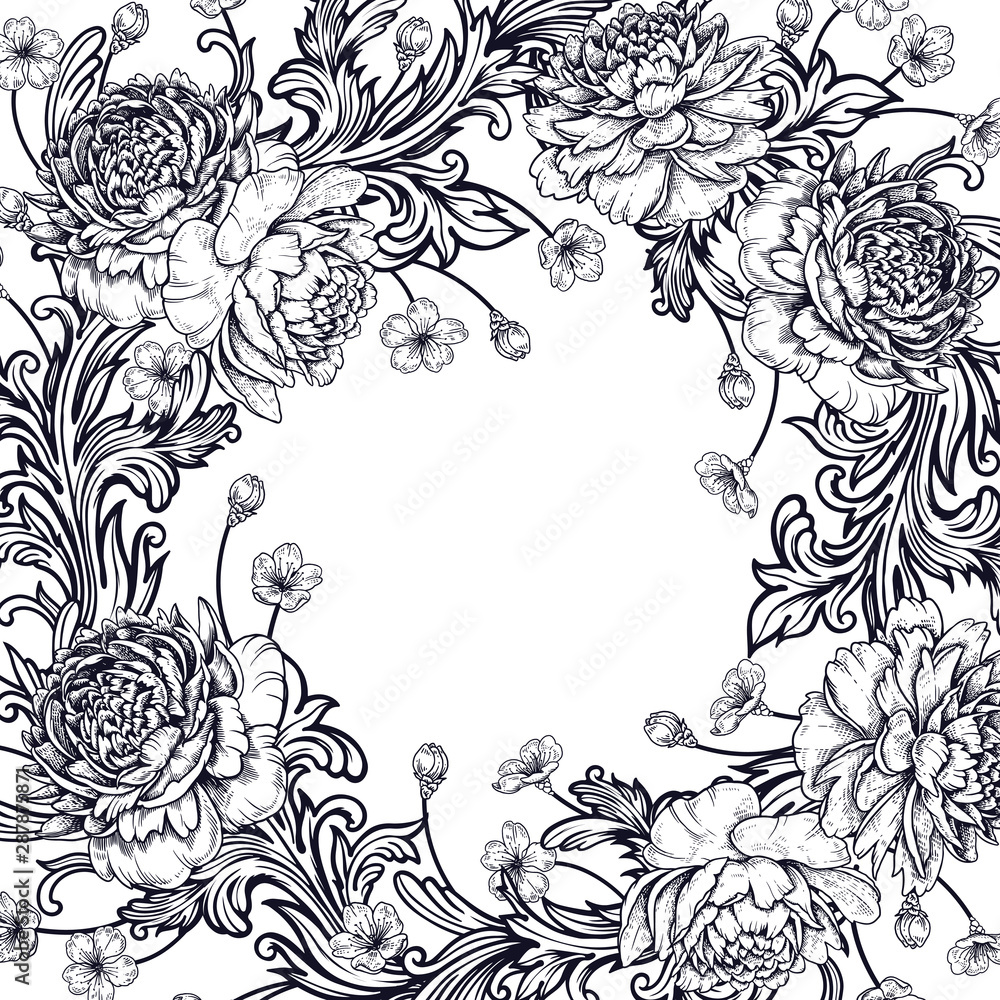 Peonies and baroque style ornament details. Frame.
