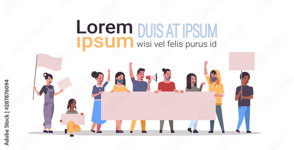 Obraz premium people protesters holding blank placards men women activists group with empty sign banners protest demonstration strike concept flat full length horizontal copy space