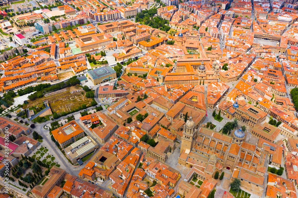 Aerial view of Salamanca Cathedral and historical center of city