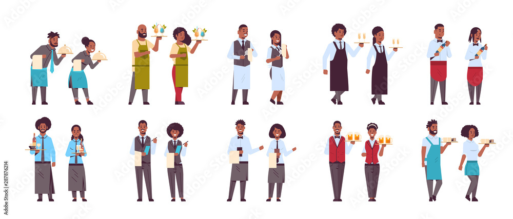 set professional waiters pairs in different poses african american men women restaurant workers in uniform serving concept flat full length white background horizontal