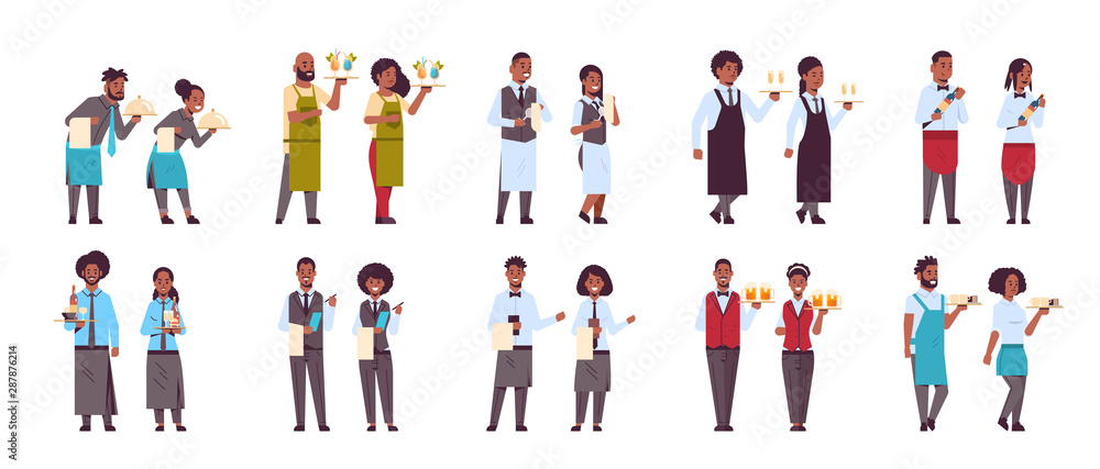 set professional waiters pairs in different poses african american men women restaurant workers in uniform serving concept flat full length white background horizontal set professional waiters pairs in different poses african american men women restaurant workers in uniform serving concept flat full length white background horizontal