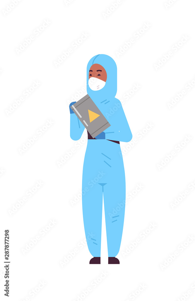 female scientific researcher holding barrel with warning sign african american woman in protective suit working with dangerous chemicals research science chemical concept vertical full length flat