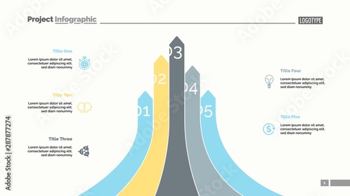 Bar graph with five arrows. Diagram, comparison graph, correlations. Marketing concept. Can be used for annual reports, business and finance presentations, web design