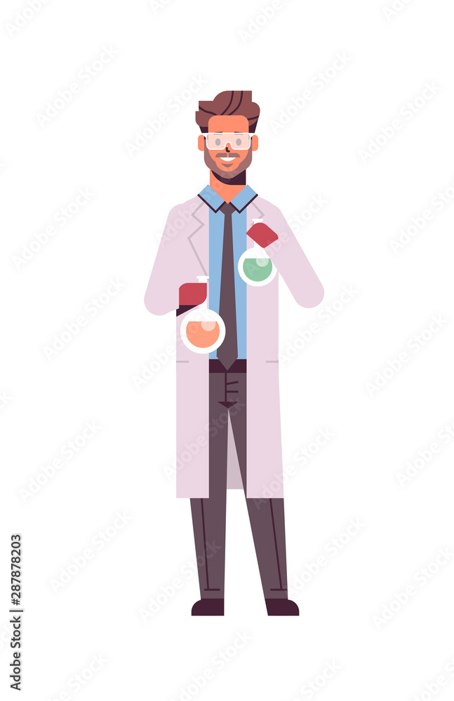 male scientist holding test tubes with colorful liquid man in uniform holding flasks making experiment in laboratory research science chemical concept vertical full length male scientist holding test tubes with colorful liquid man in uniform holding flasks making experiment in laboratory research science chemical concept vertical full length