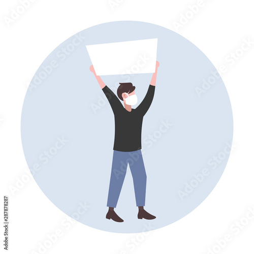 man protester in face mask holding blank placard protesting against air nature pollution male activist with empty sign banner protest demonstration polluted environment concept flat full length