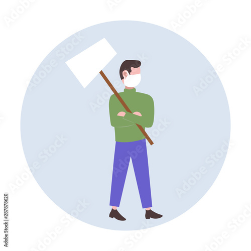 man protester in face mask holding blank placard protesting against air nature pollution male activist with empty sign banner protest demonstration polluted environment concept flat full length