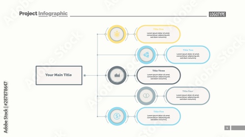 Five options flowchart slide template. Business data. Structure, hierarchy, design. Creative concept for infographic, presentation, report. Can be used for topics like consulting, teamwork, planning.