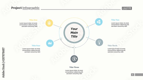 Five options process chart slide template. Business data. Plan, point, design. Creative concept for infographic, presentation, report. Can be used for topics like banking, teamwork, training.