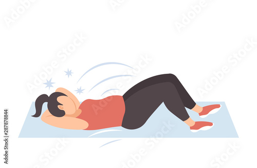 fat obese woman doing sit-ups press abdominal exercises on mat overweight girl training workout weight loss concept flat full length horizontal