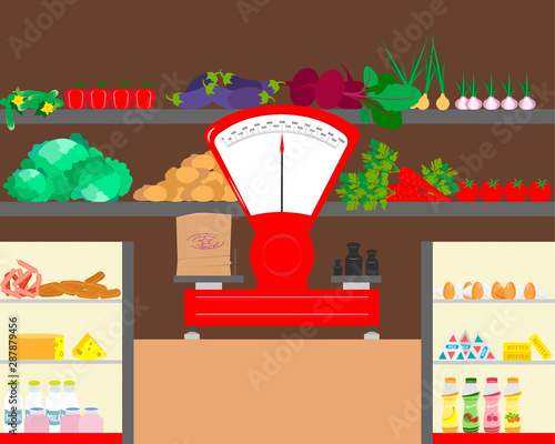 Shop counter with dairy products and vegetables. Counter with weights. Vector illustration.