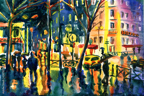 Watercolor drawing of the night city.