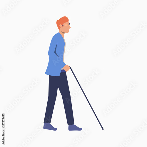 Disabled man walking with crutch. Prosthesis, disability, handicapped. Disabled people concept. Vector illustration for website, landing page, online store