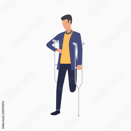Disabled man walking with crutches. Prosthesis, disability, handicapped. Disabled people concept. Vector illustration for website, landing page, online store