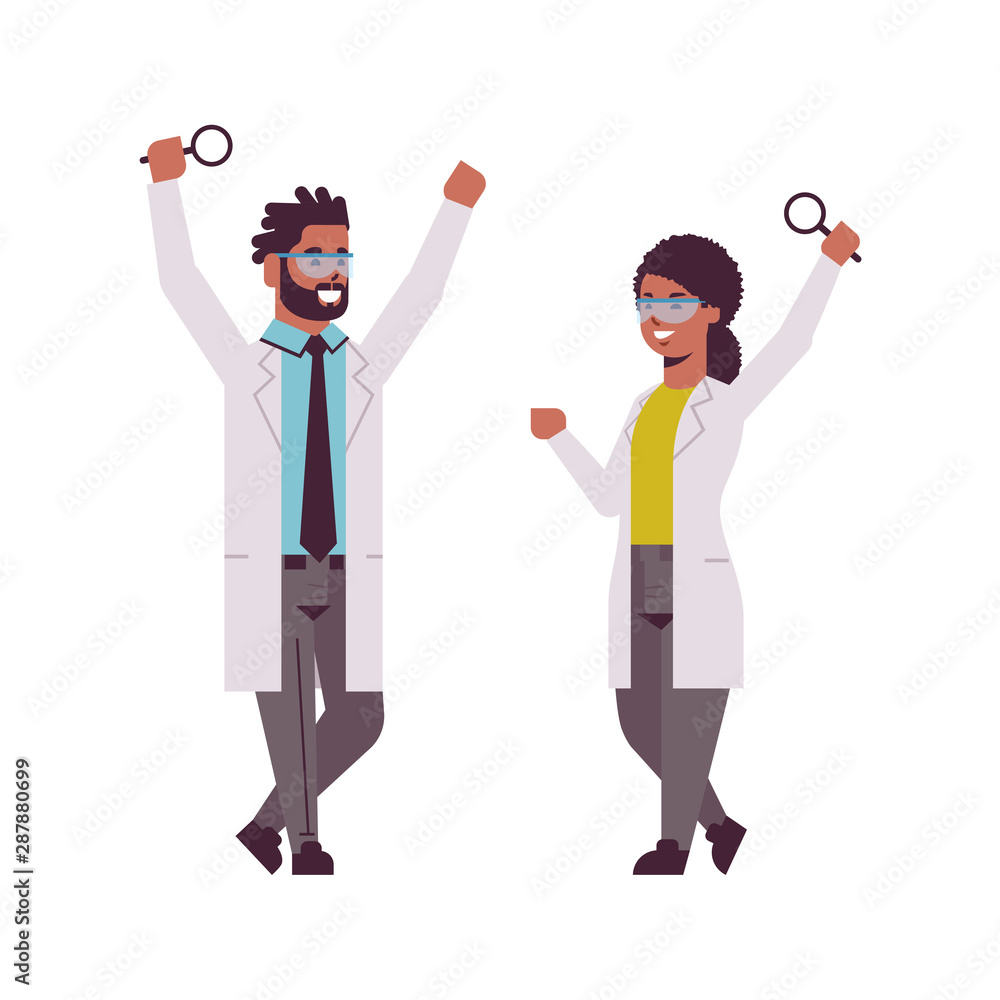 scientists couple raising hands with magnifying glass african american man woman researchers in uniform making experiment analysis in laboratory research science chemical concept full length flat scientists couple raising hands with magnifying glass african american man woman researchers in uniform making experiment analysis in laboratory research science chemical concept full length flat