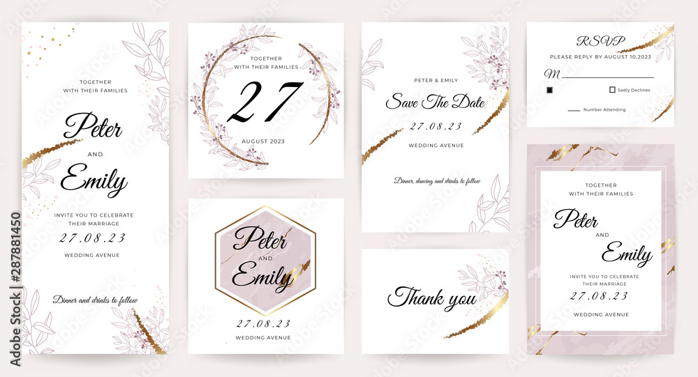 Wedding invitation cards with marble, floral and gold texture background. Set of invite card, RSVP, Thank you card, Save The Date card vector collection.