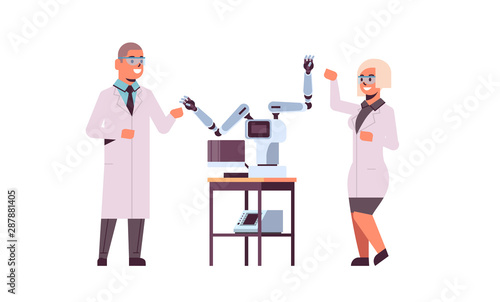 scientists couple near industrial robotic arms man woman in uniform with robot manipulators smart medical machine automatic technology concept full length flat horizontal