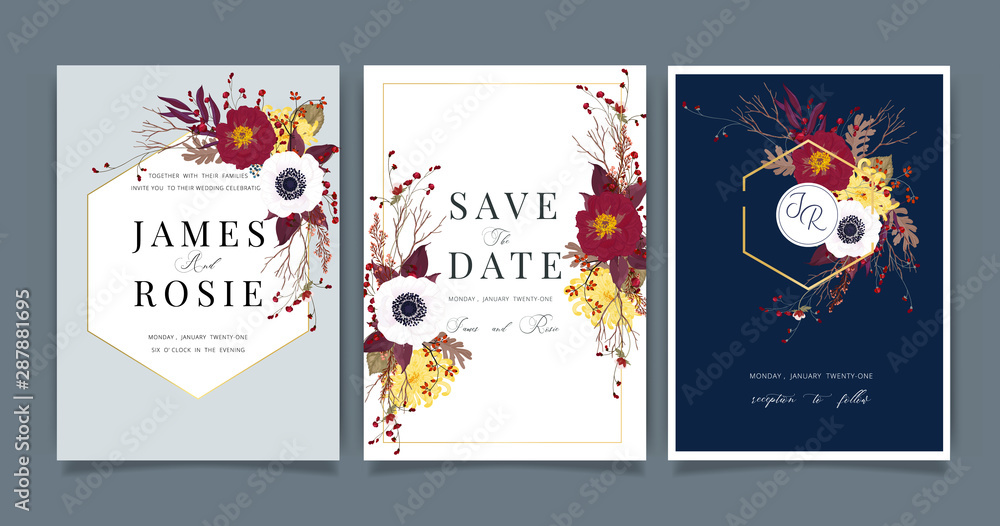 Autumn and fall Flower Wedding Invitation set, floral invite thank you, rsvp modern card Design in Red peony and white  floral with leaf greenery  branches decorative Vector elegant rustic template