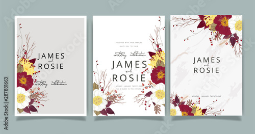 Autumn and fall Flower Wedding Invitation set, floral invite thank you, rsvp modern card Design in Red peony and white floral with leaf greenery branches decorative Vector elegant rustic template