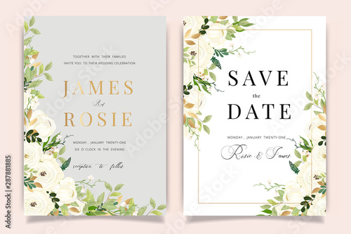 Luxury Wedding Invitation set,  invite thank you, rsvp modern card Design in Golden and white rose with leaf greenery branches  decorative Vector elegant rustic template
