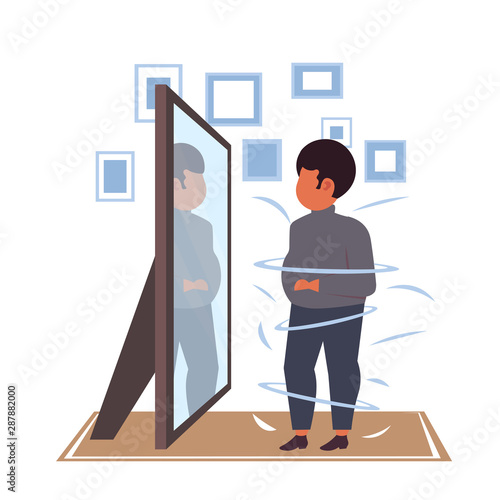fat overweight man looking at reflection in mirror sad obese african american guy unhealthy lifestyle obesity concept flat full length