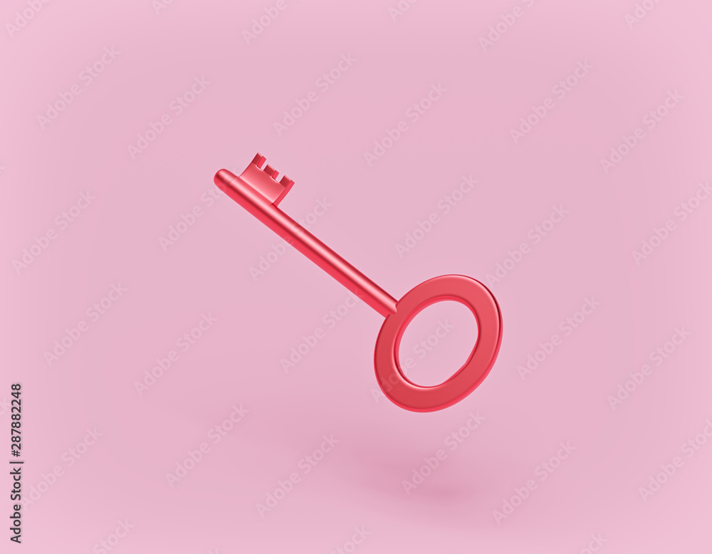 glossy red key isolated on pastel pink background. 3d rendering glossy red key isolated on pastel pink background. 3d rendering
