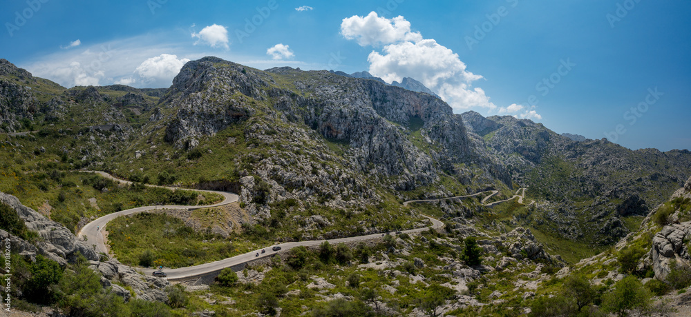 panorama of the mountains. Sinuosa carretera que descienda hacia Sa Calobra, el la Sierra de Tramontana. Mallorca